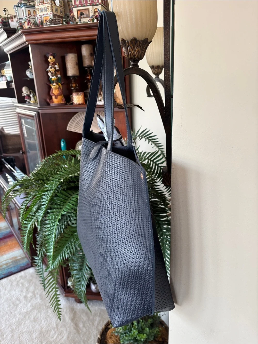 Chic Textured Navy Tote Shoulder Bag Tassel & Scarf Bow Laptop Office Snap Close